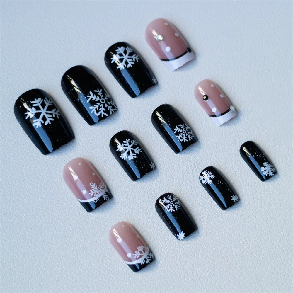Fofosbeauty 24pcs Press on Nails, Fake Nails, Full Cover Acrylic Nails for Girls Women Kids, Coffin Christmas Snowflake Black White