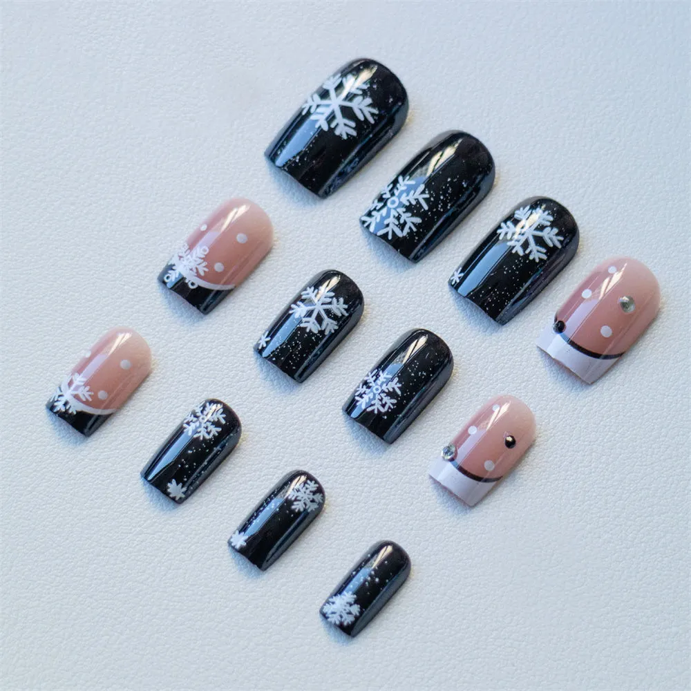 Fofosbeauty 24pcs Press on Nails, Fake Nails, Full Cover Acrylic Nails for Girls Women Kids, Coffin Christmas Snowflake Black White