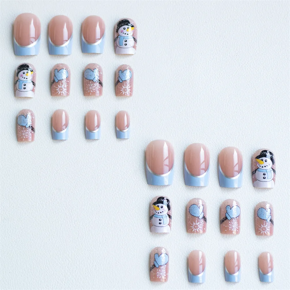 Fofosbeauty 24pcs Press on Nails, Fake Nails, Full Cover Acrylic Nails for Girls Women Kids, Coffin French Christmas Snowman Blue Pink