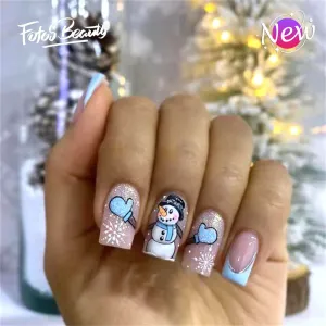Fofosbeauty 24pcs Press on Nails, Fake Nails, Full Cover Acrylic Nails for Girls Women Kids, Coffin French Christmas Snowman Blue Pink