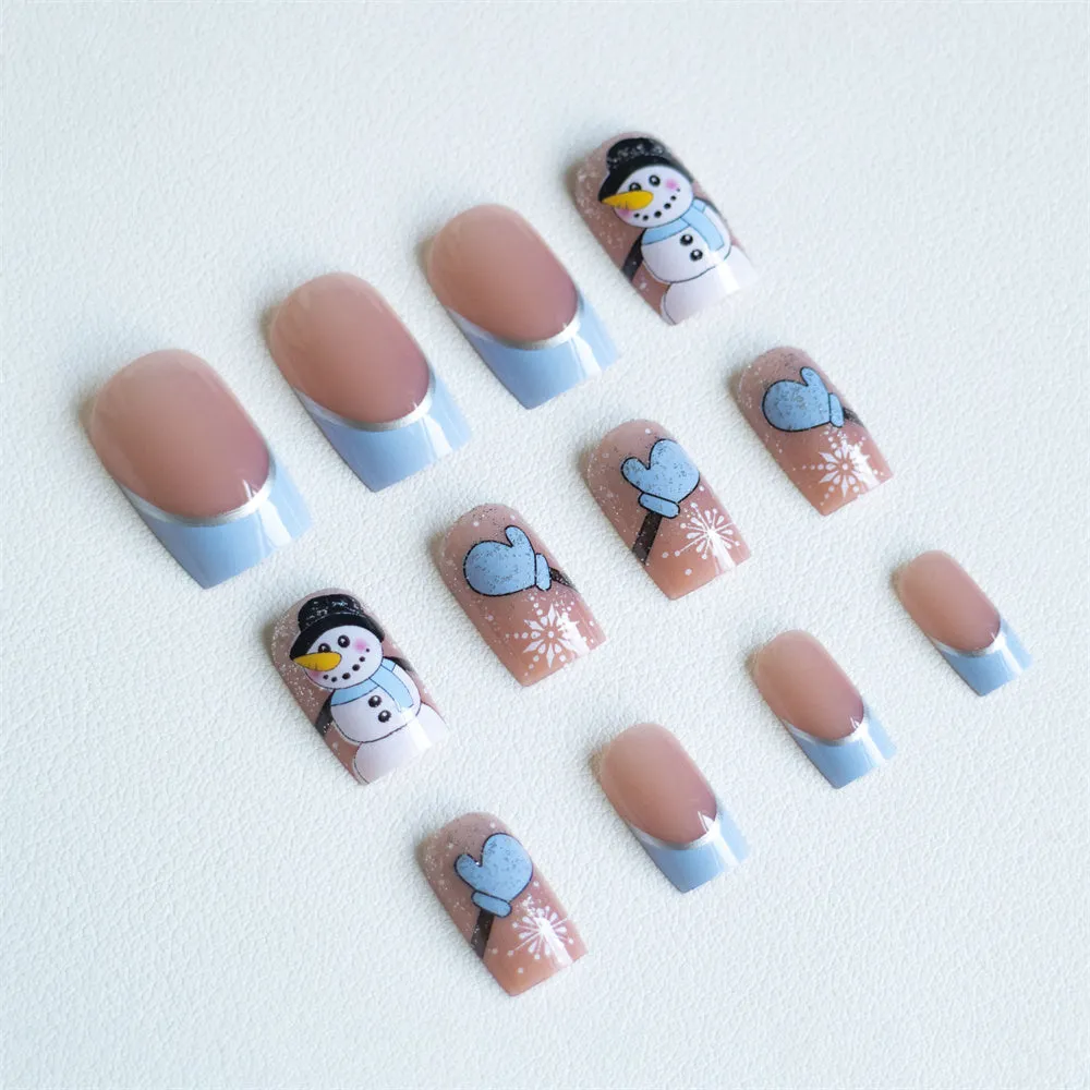 Fofosbeauty 24pcs Press on Nails, Fake Nails, Full Cover Acrylic Nails for Girls Women Kids, Coffin French Christmas Snowman Blue Pink