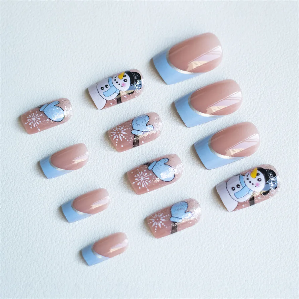 Fofosbeauty 24pcs Press on Nails, Fake Nails, Full Cover Acrylic Nails for Girls Women Kids, Coffin French Christmas Snowman Blue Pink
