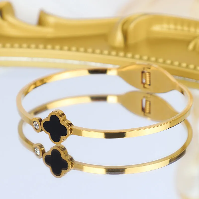 Four Leaf Lucky Clover Stainless steel Gold plated crystal cuff bangle bracelet for Women