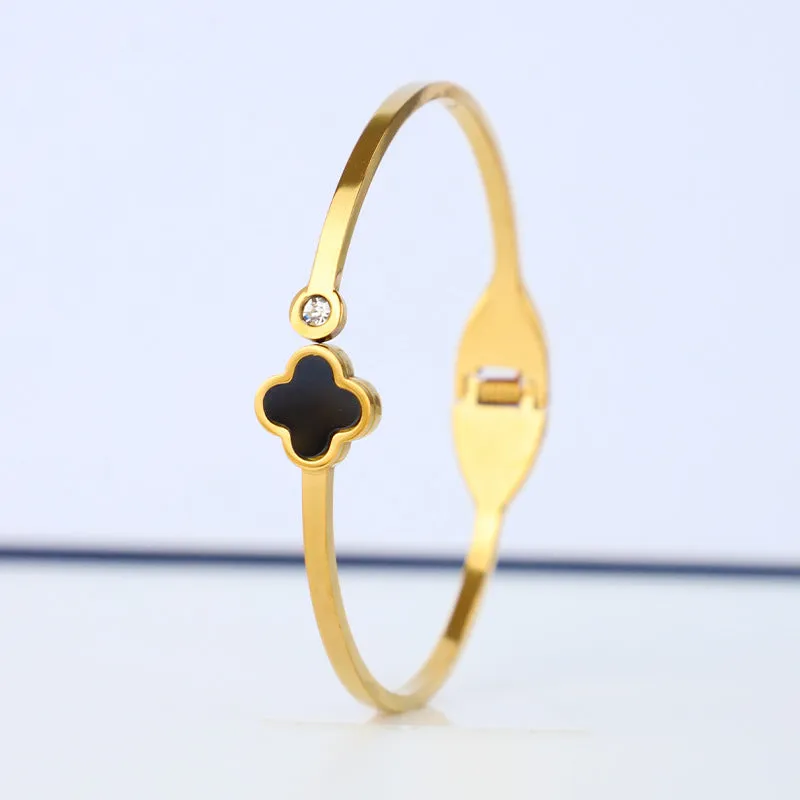 Four Leaf Lucky Clover Stainless steel Gold plated crystal cuff bangle bracelet for Women