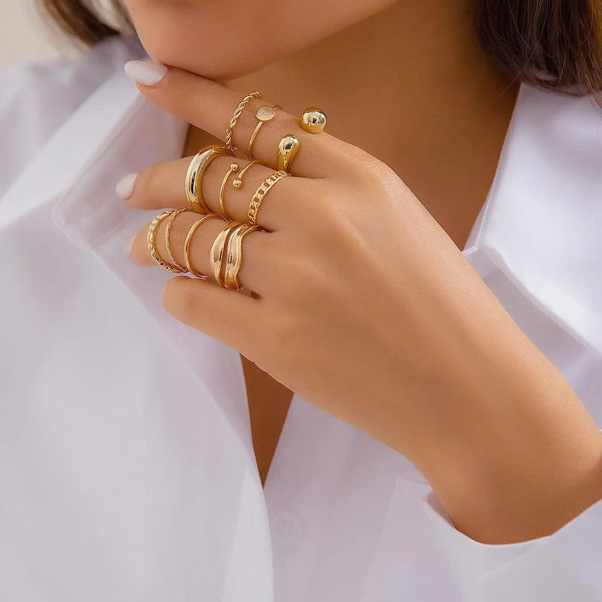 Geometric Gold Plated Twisted Waterdrop Round Disk Ball Open Ring Set