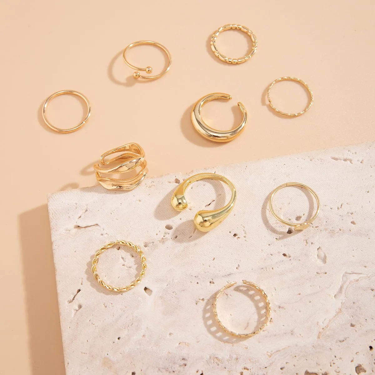 Geometric Gold Plated Twisted Waterdrop Round Disk Ball Open Ring Set