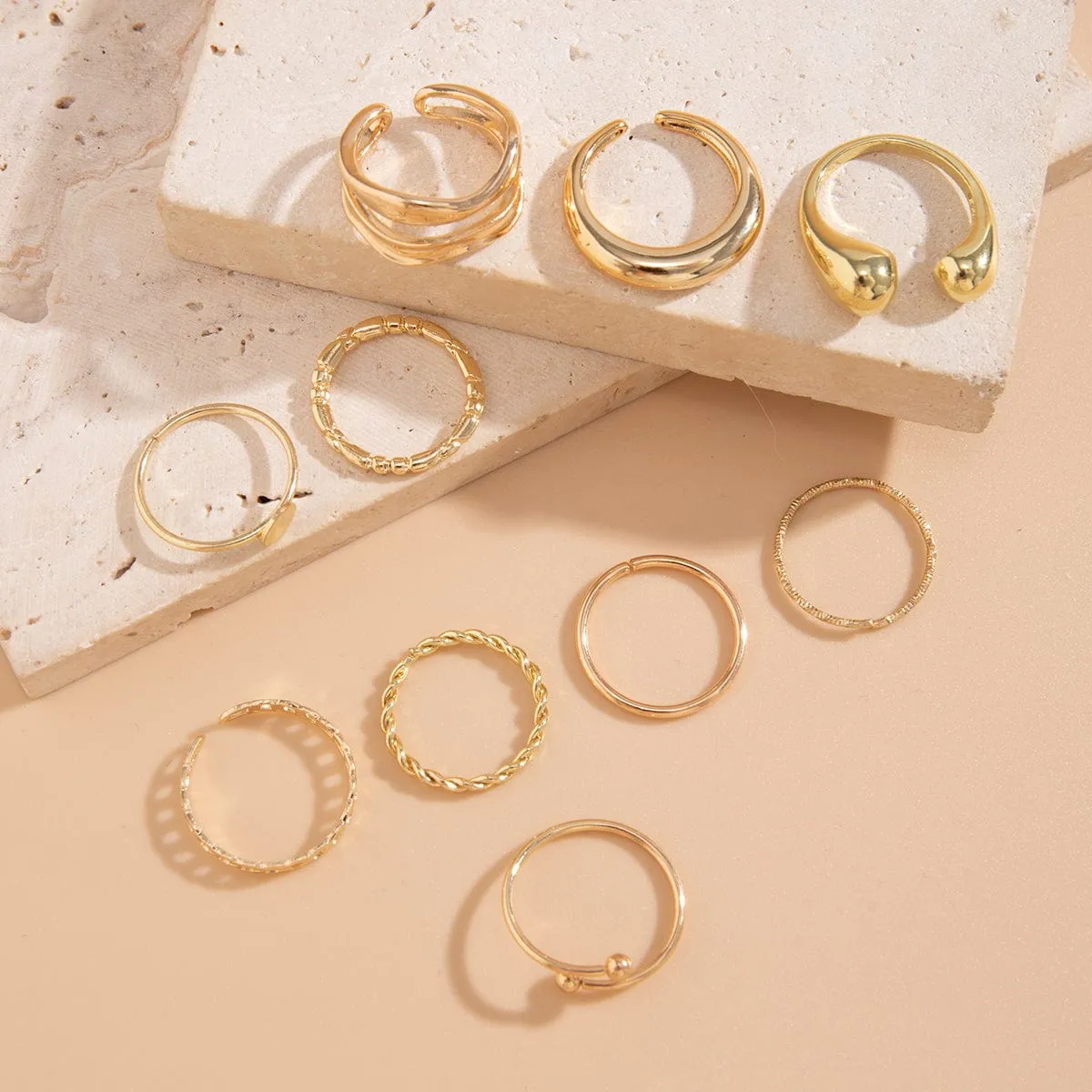 Geometric Gold Plated Twisted Waterdrop Round Disk Ball Open Ring Set
