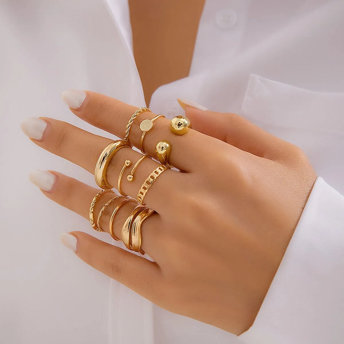 Geometric Gold Plated Twisted Waterdrop Round Disk Ball Open Ring Set