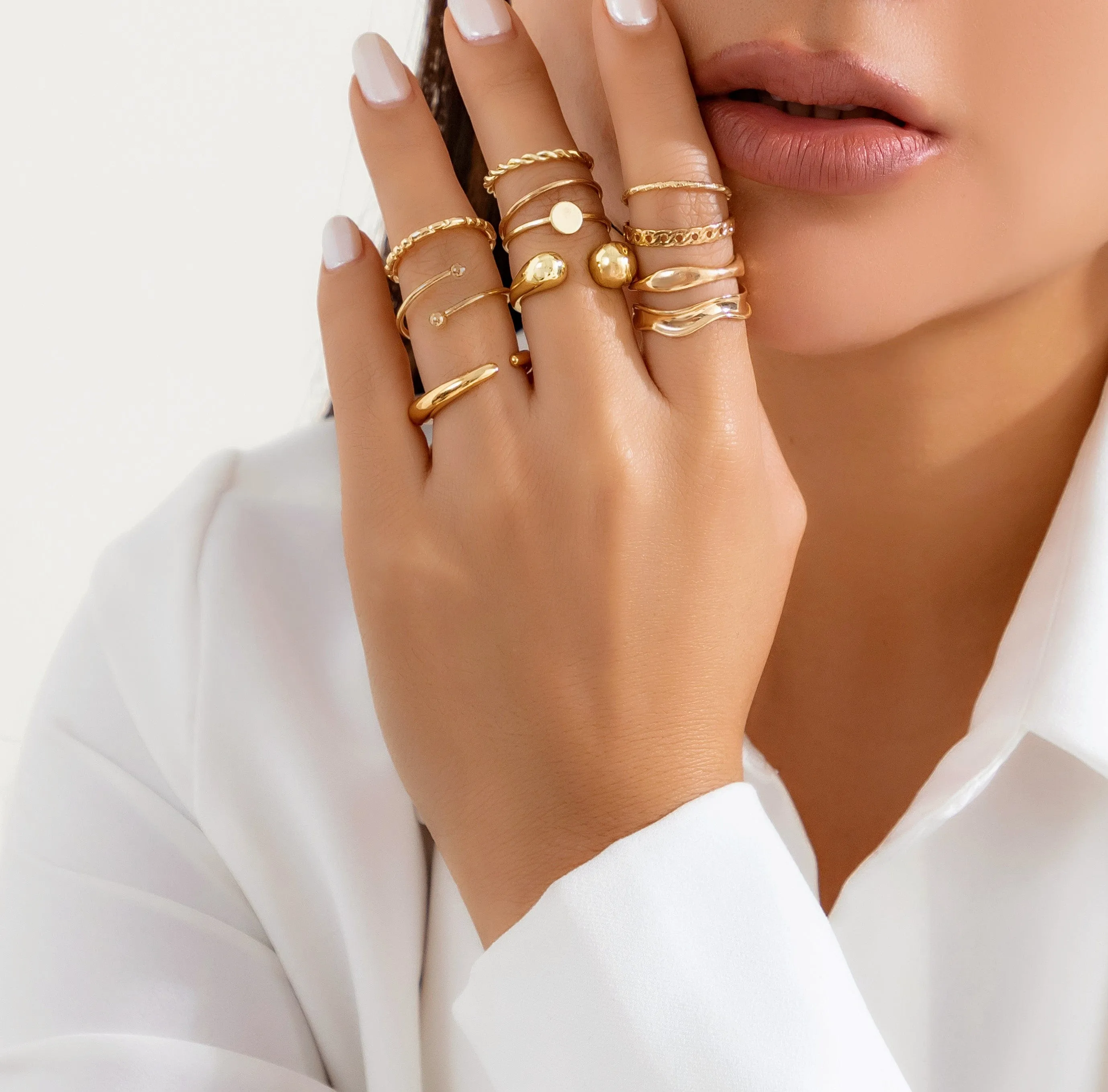 Geometric Gold Plated Twisted Waterdrop Round Disk Ball Open Ring Set