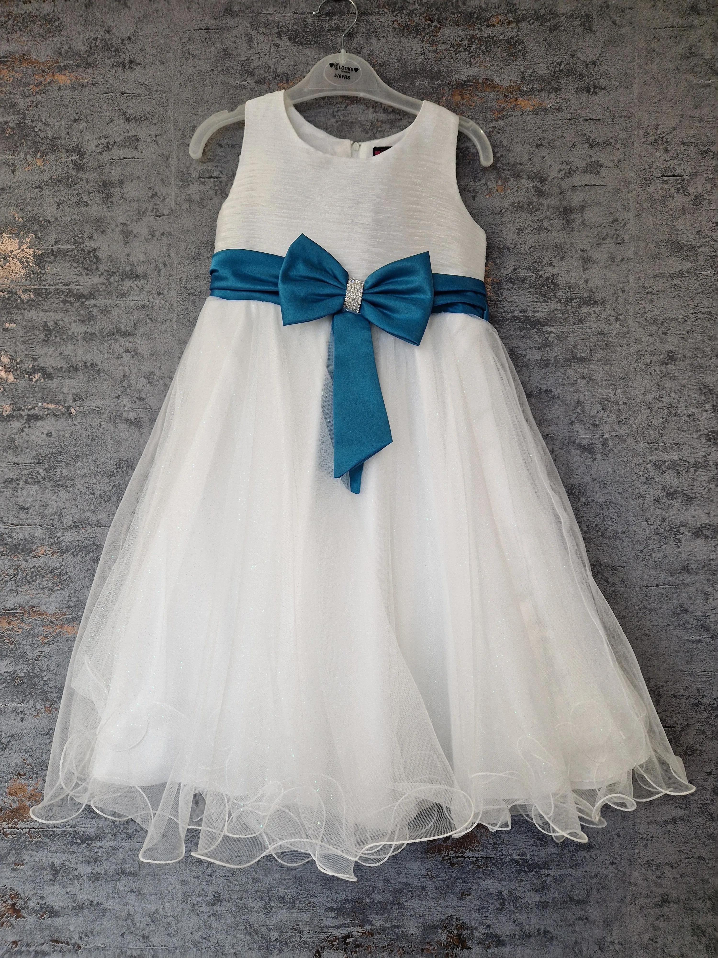 Girls Cream Sleeveless Dress With Diamante Teal Satin Bow