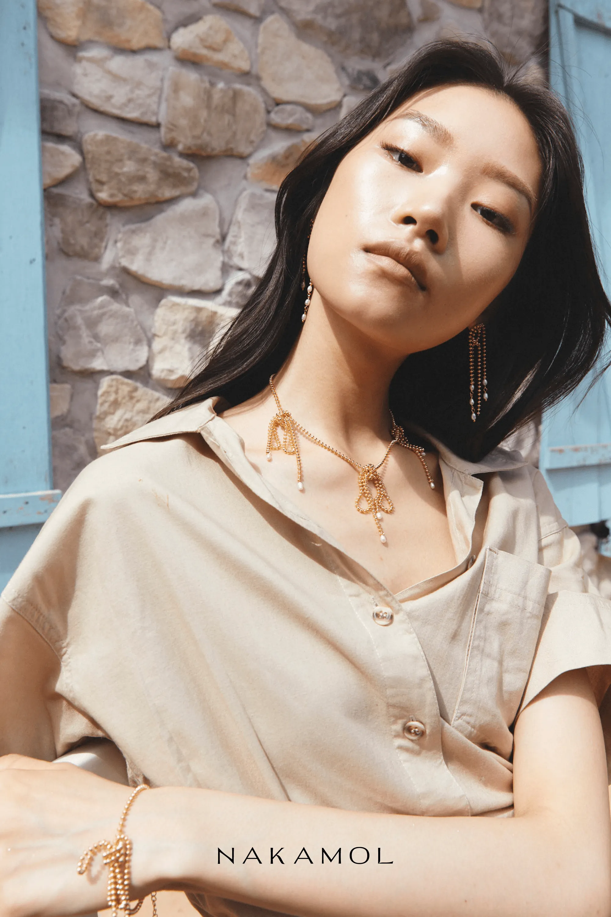 Gold Ball Chain Triple Bow Necklace