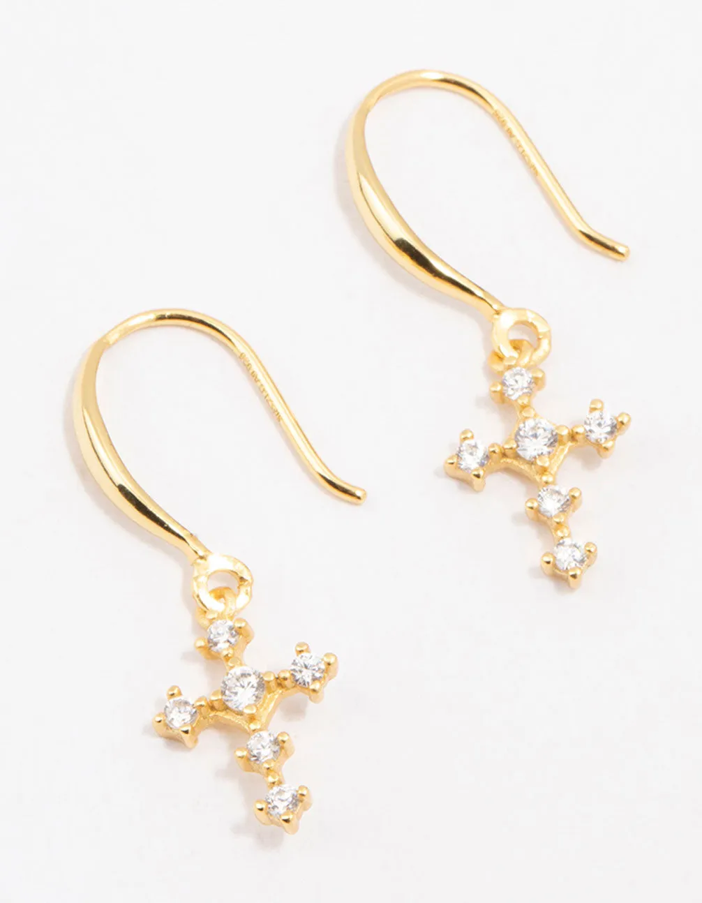 Gold Plated Sterling Silver Cubic Zirconia Cross Dangly Earrings