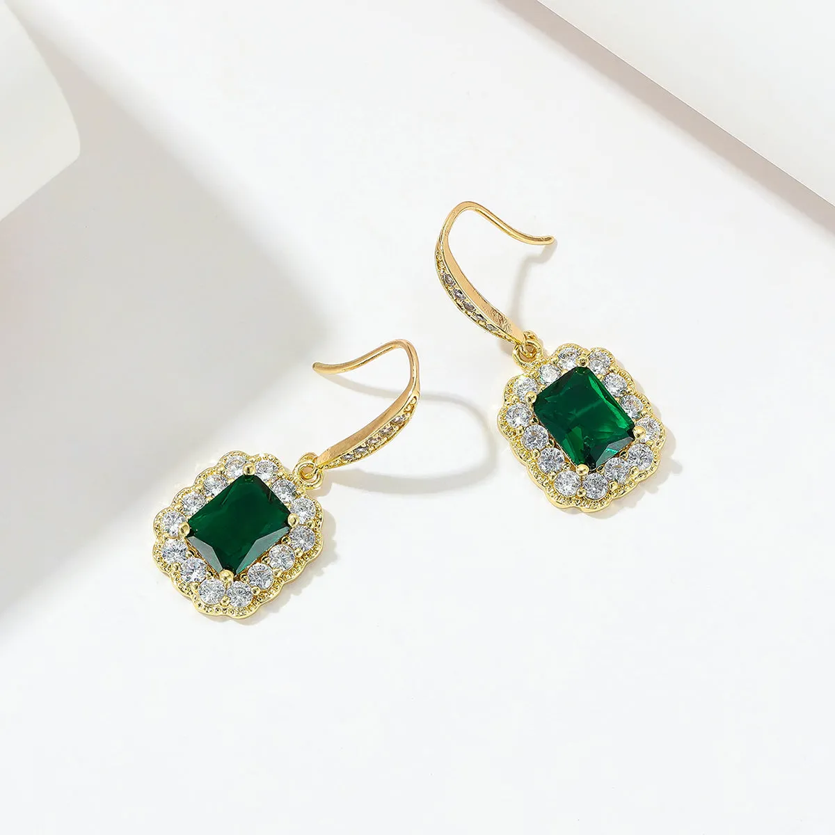 Green Crystal & Cubic Zirconia Rectangle Drop Earrings