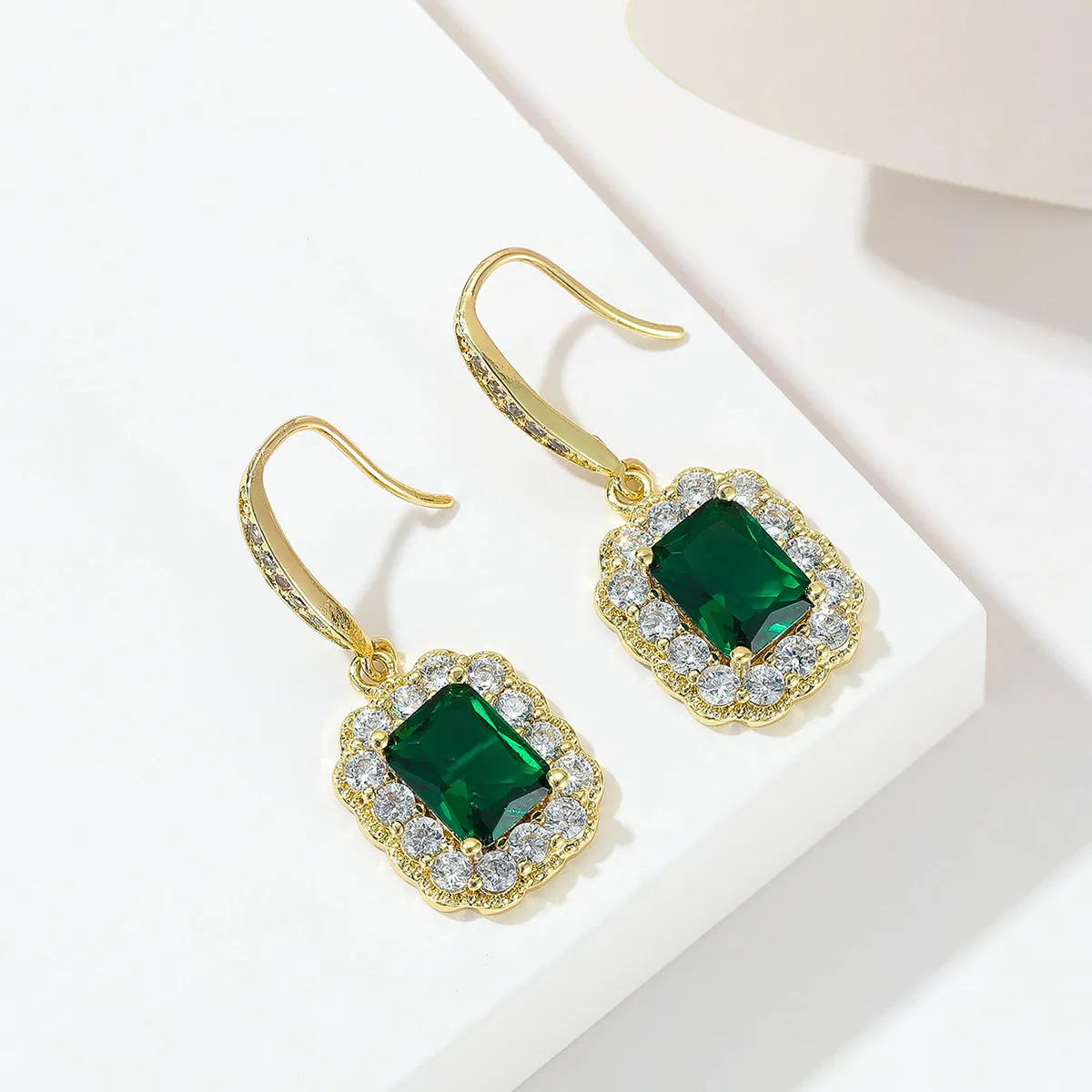 Green Crystal & Cubic Zirconia Rectangle Drop Earrings