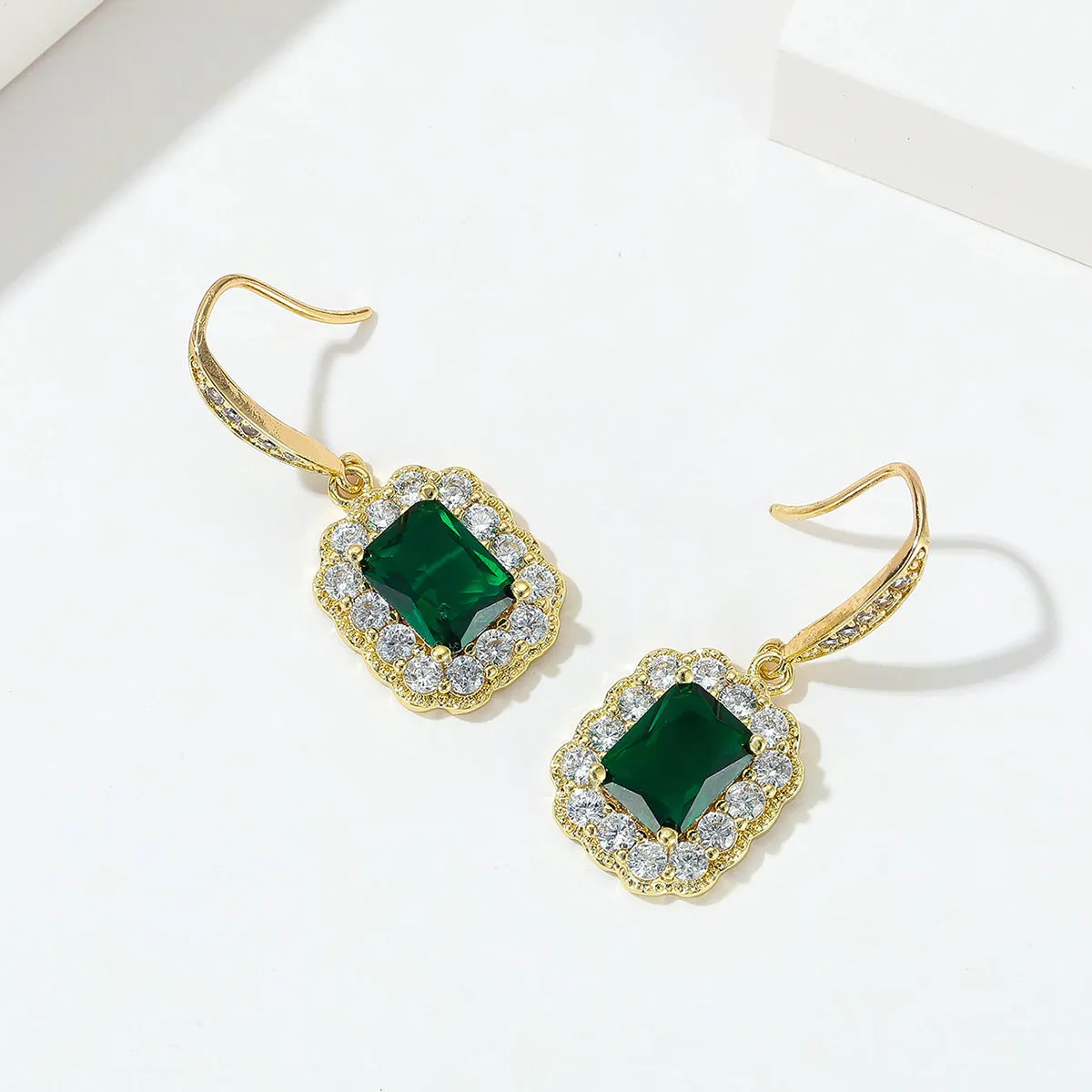 Green Crystal & Cubic Zirconia Rectangle Drop Earrings