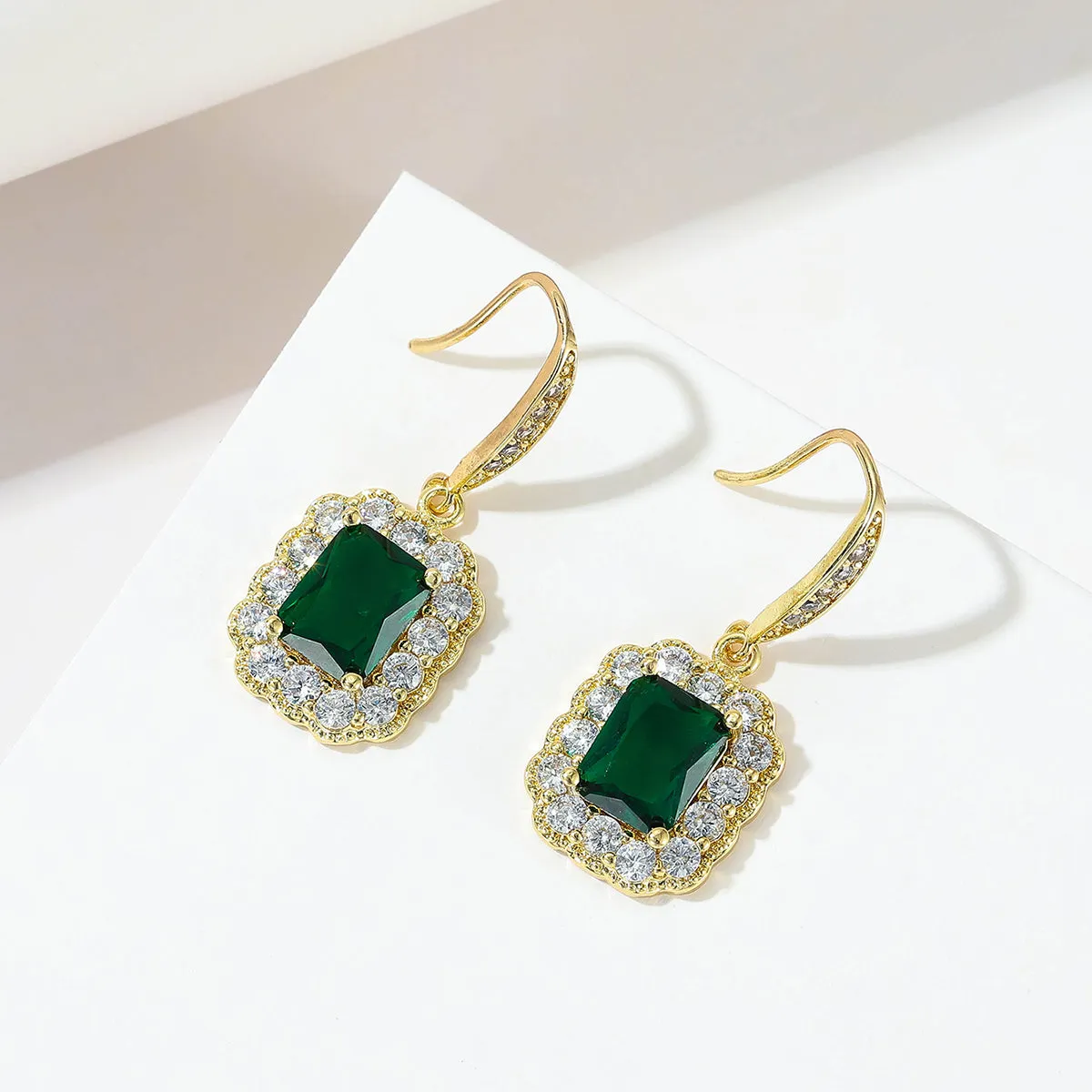 Green Crystal & Cubic Zirconia Rectangle Drop Earrings