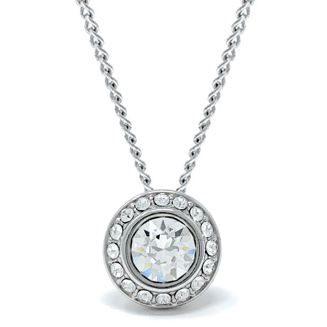 Halo Pave Pendant Necklace with White Clear Round Crystals from Swarovski Silver Toned Rhodium Plated