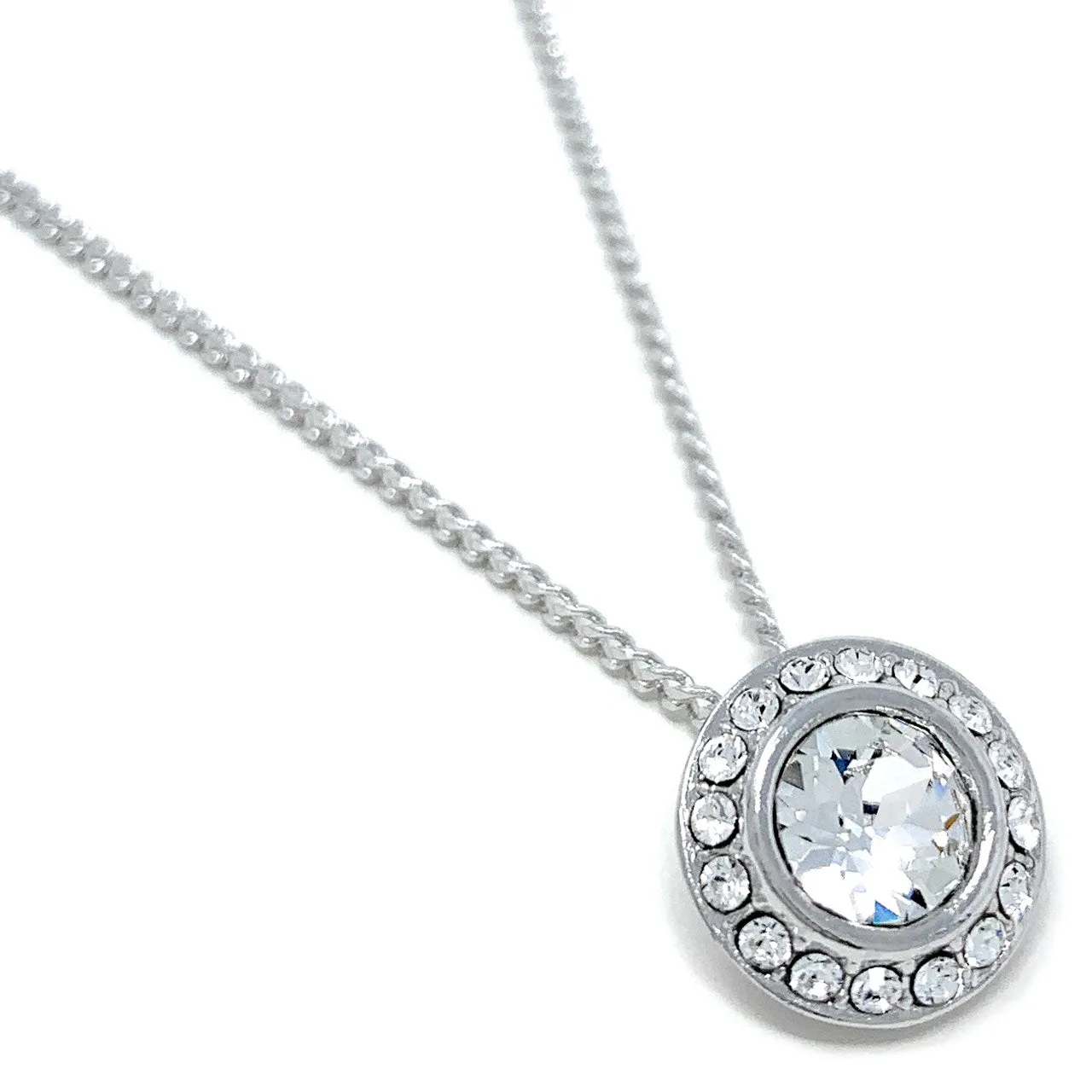 Halo Pave Pendant Necklace with White Clear Round Crystals from Swarovski Silver Toned Rhodium Plated