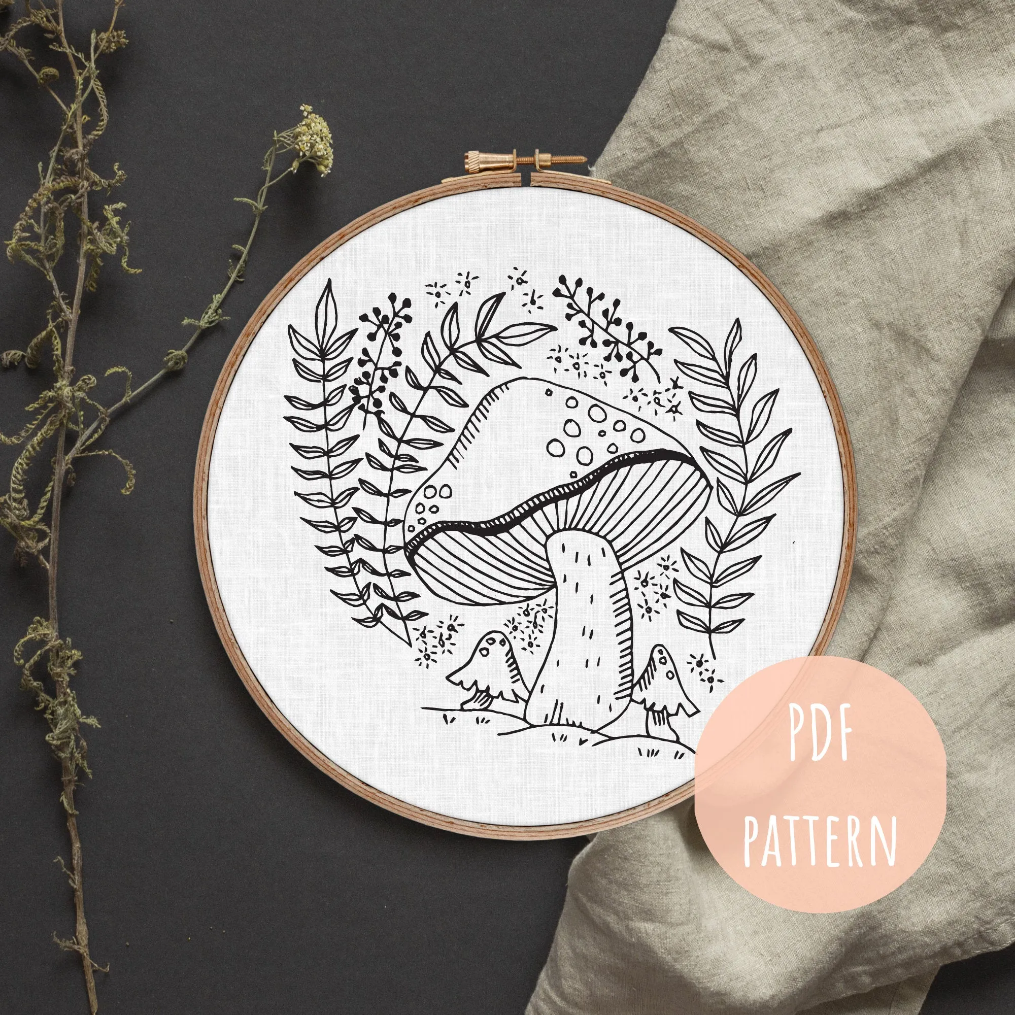 Hand Embroidery Pattern Mushroom Floral E9