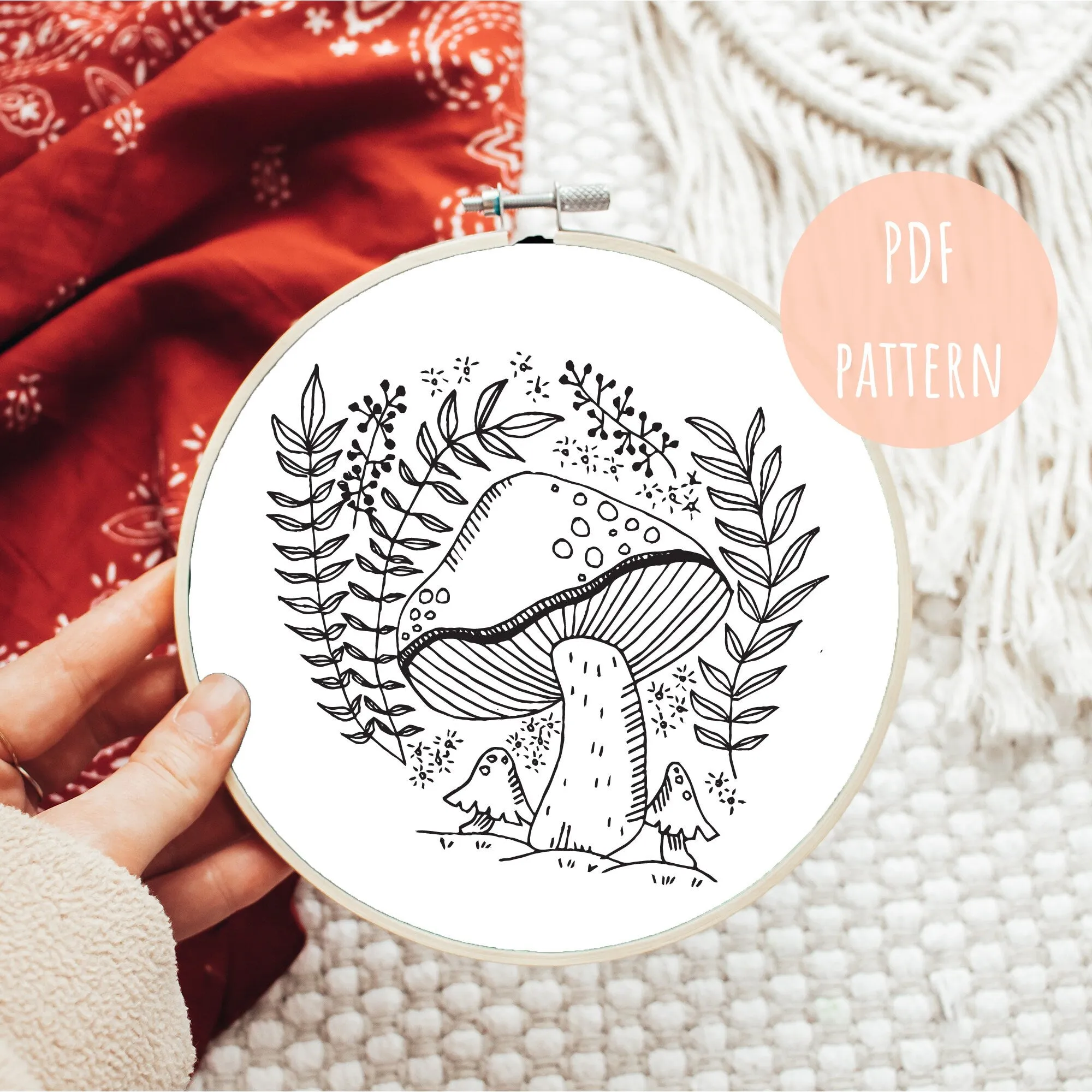 Hand Embroidery Pattern Mushroom Floral E9