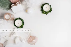 Holiday Flatlay with Gifts, Candles, Village Home & Ornaments