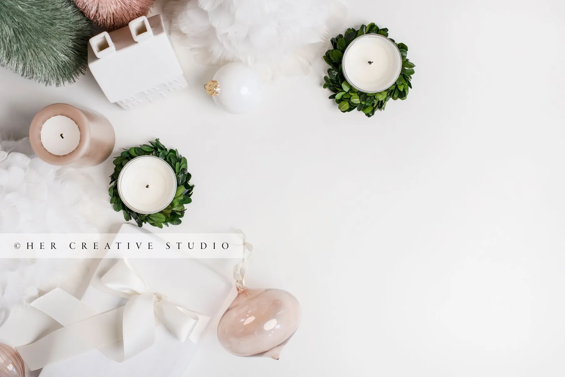Holiday Flatlay with Gifts, Candles, Village Home & Ornaments