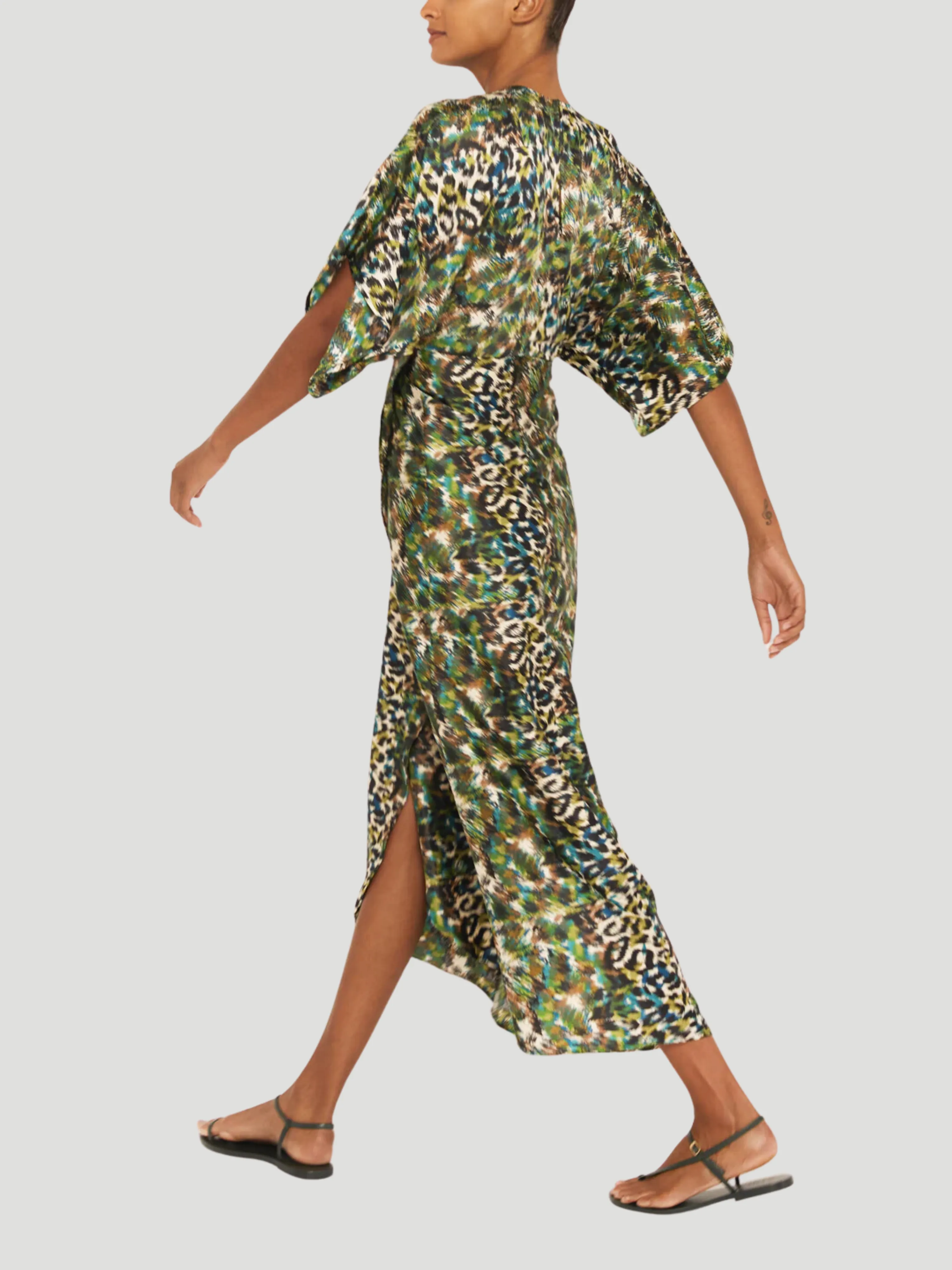 Katherine Dress in Green Leopard Printed Silk