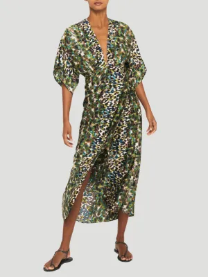 Katherine Dress in Green Leopard Printed Silk