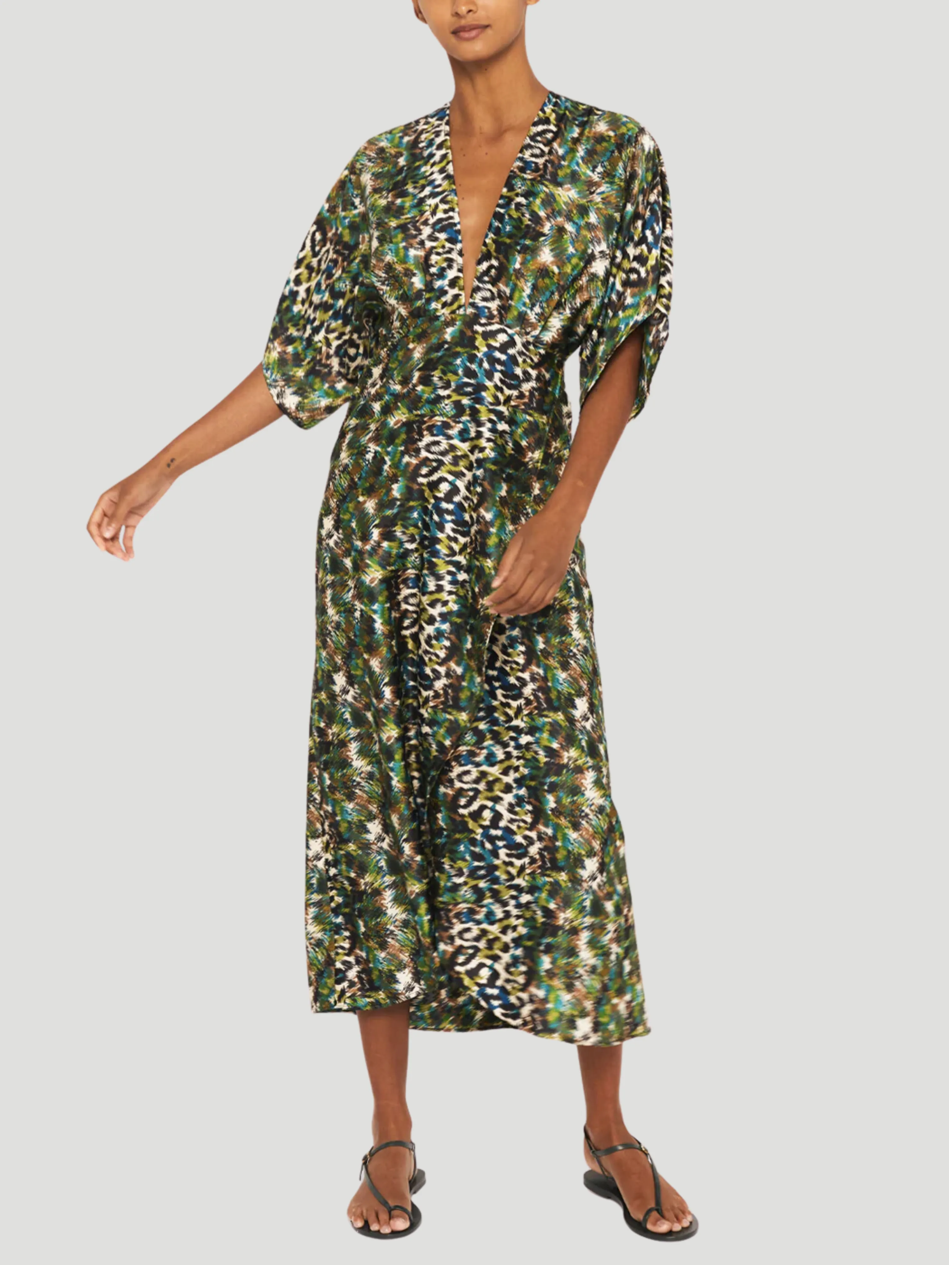 Katherine Dress in Green Leopard Printed Silk