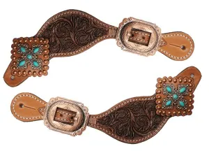 Ladies Tooled Leather Spur Straps with Vintage Turquoise Stone Conchos