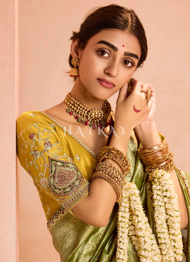Leaf Green And Yellow Embroidery Saree