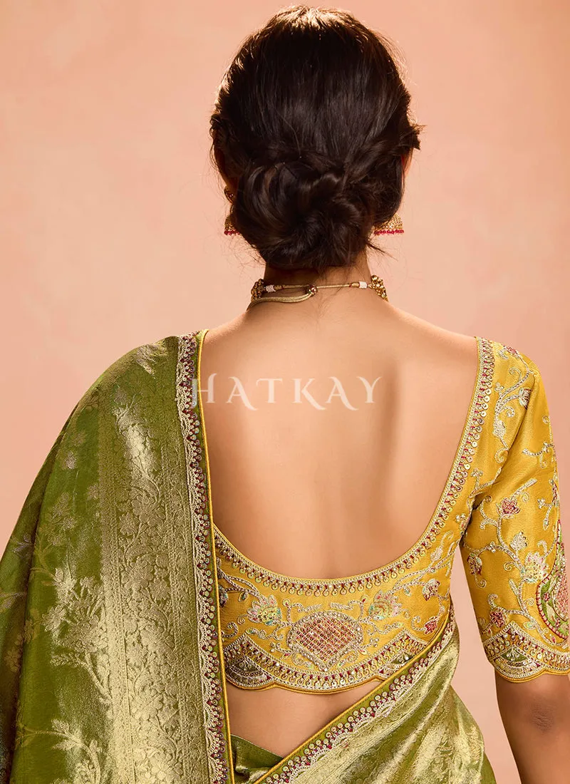 Leaf Green And Yellow Embroidery Saree