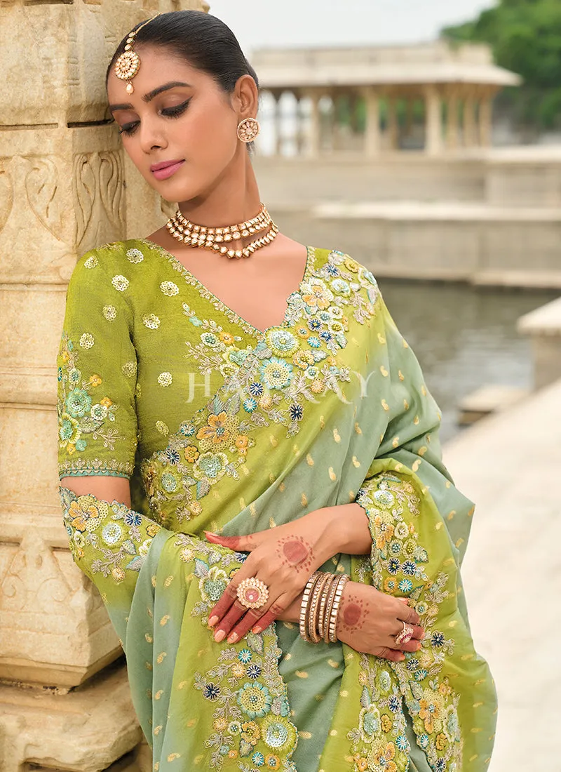 Lime Green And Teal Multi Embroidery Saree