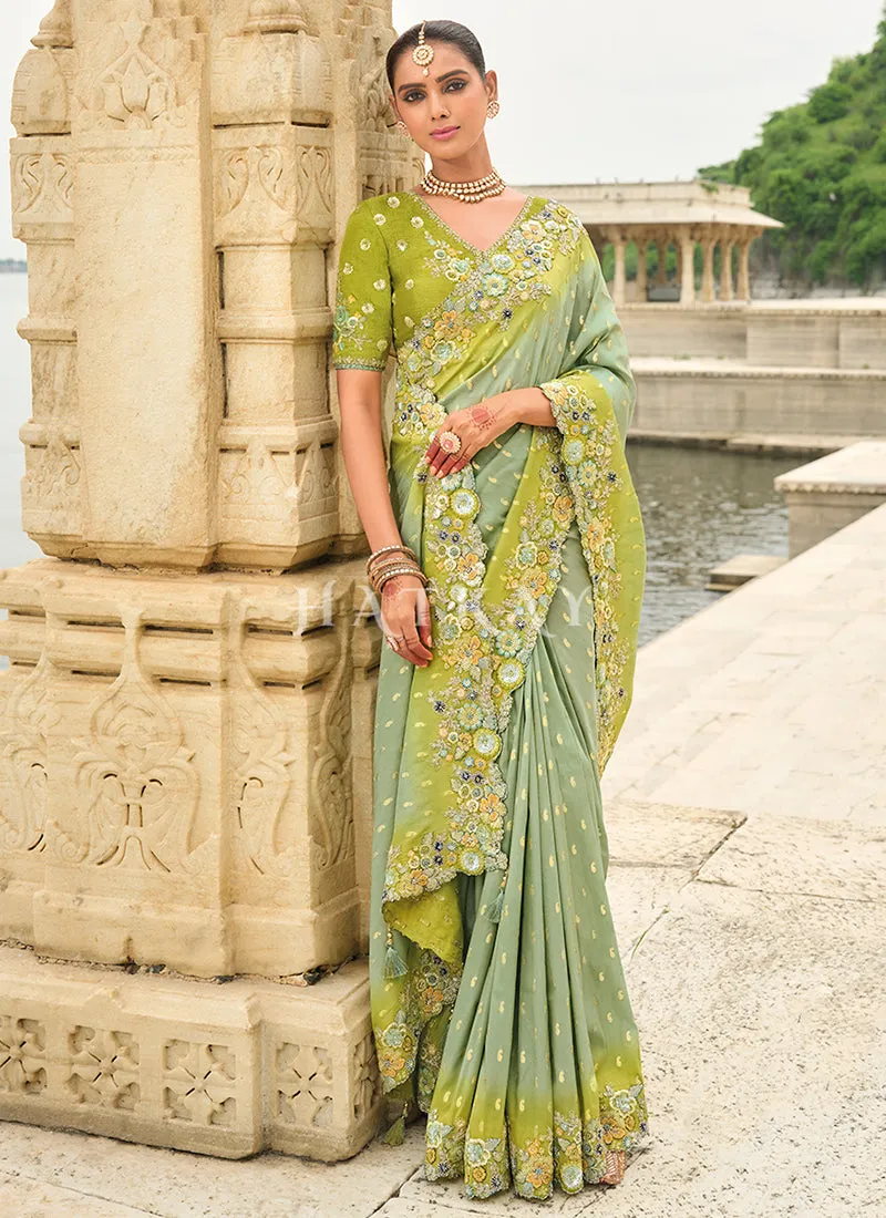 Lime Green And Teal Multi Embroidery Saree