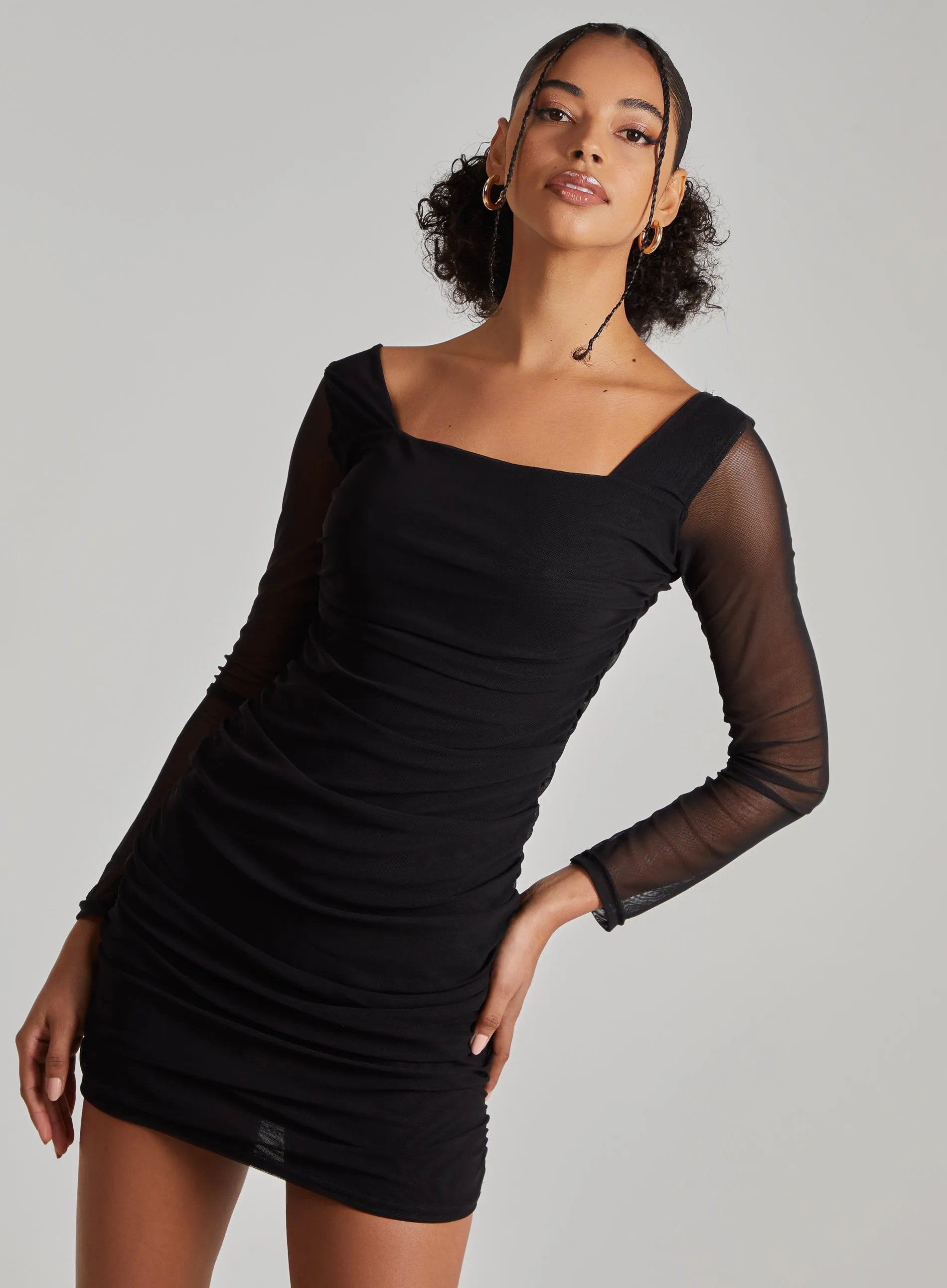 Long Sleeve Mesh Mini Dress