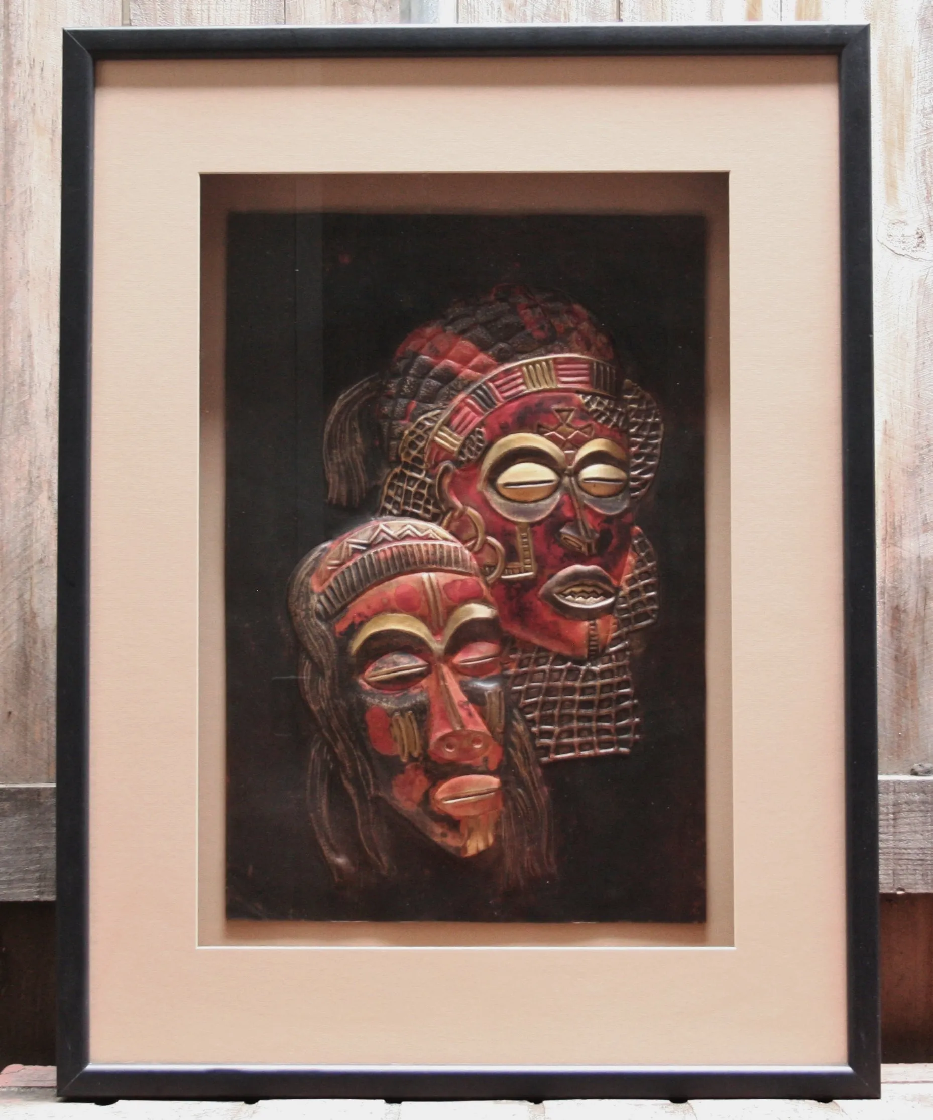Mask Copper Chokwe Relief Art in Custom Shadow Box Handcrafted Wood 25"W X 33"H X 3.5"D
