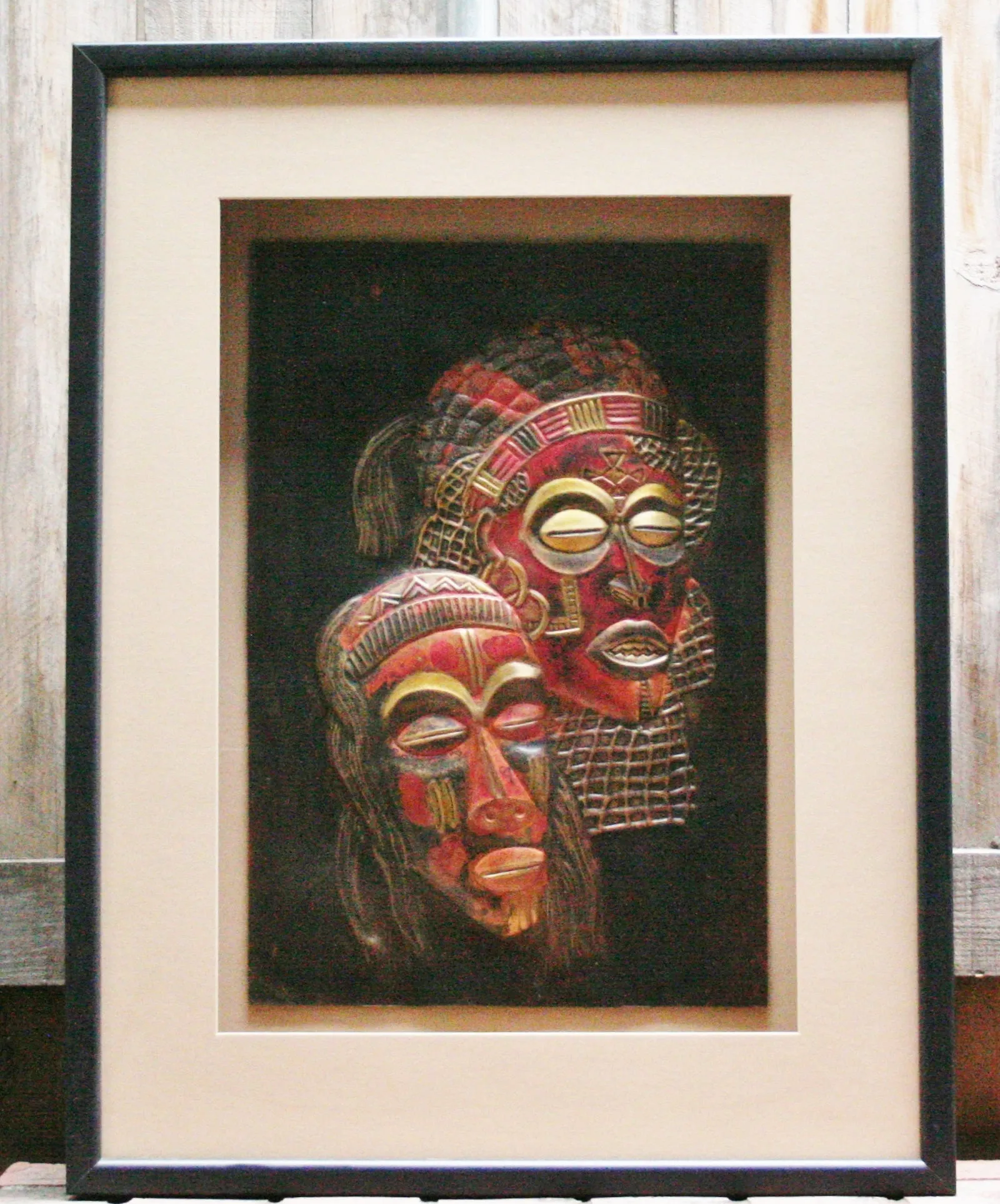 Mask Copper Chokwe Relief Art in Custom Shadow Box Handcrafted Wood 25"W X 33"H X 3.5"D