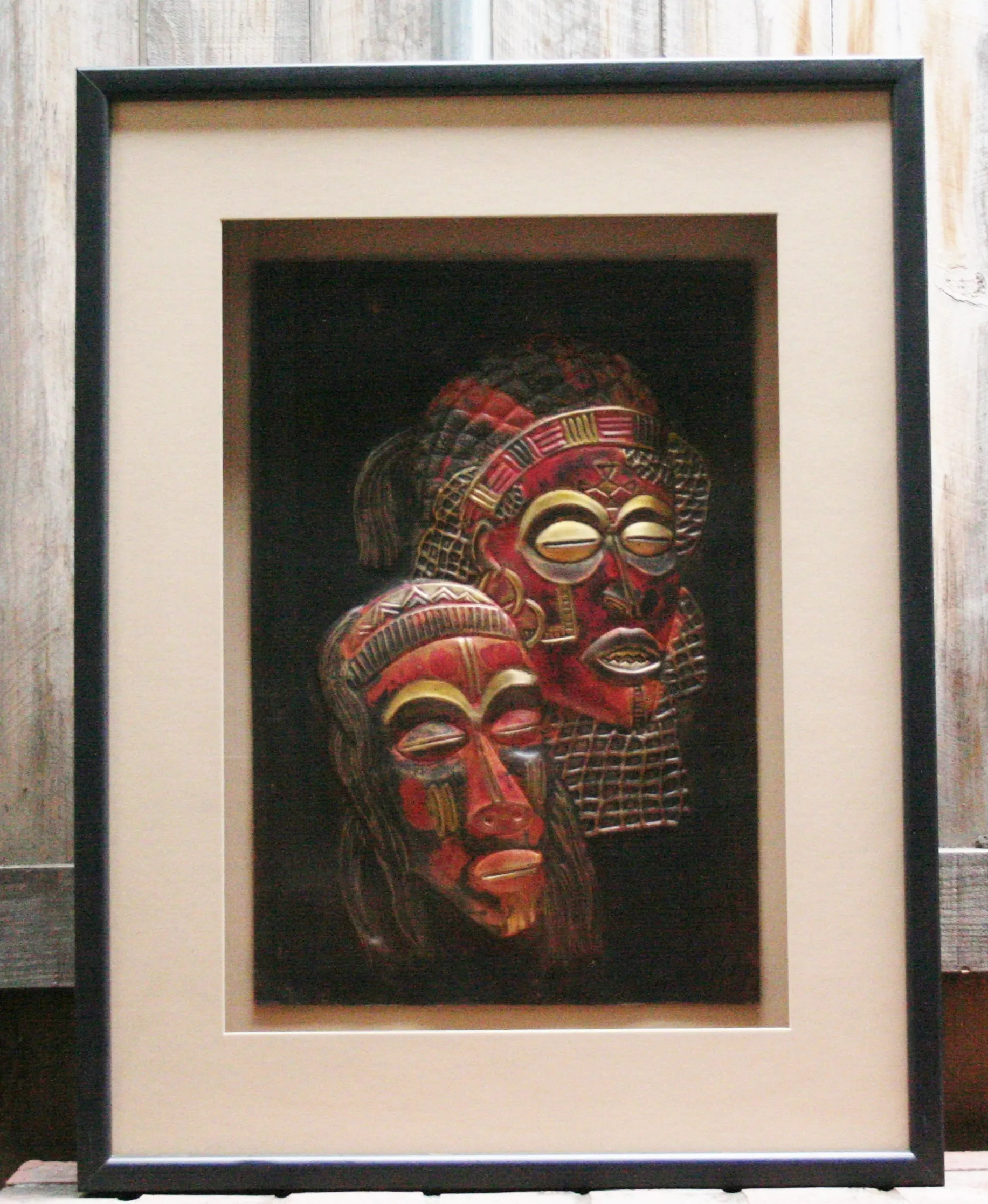 Mask Copper Chokwe Relief Art in Custom Shadow Box Handcrafted Wood 25"W X 33"H X 3.5"D