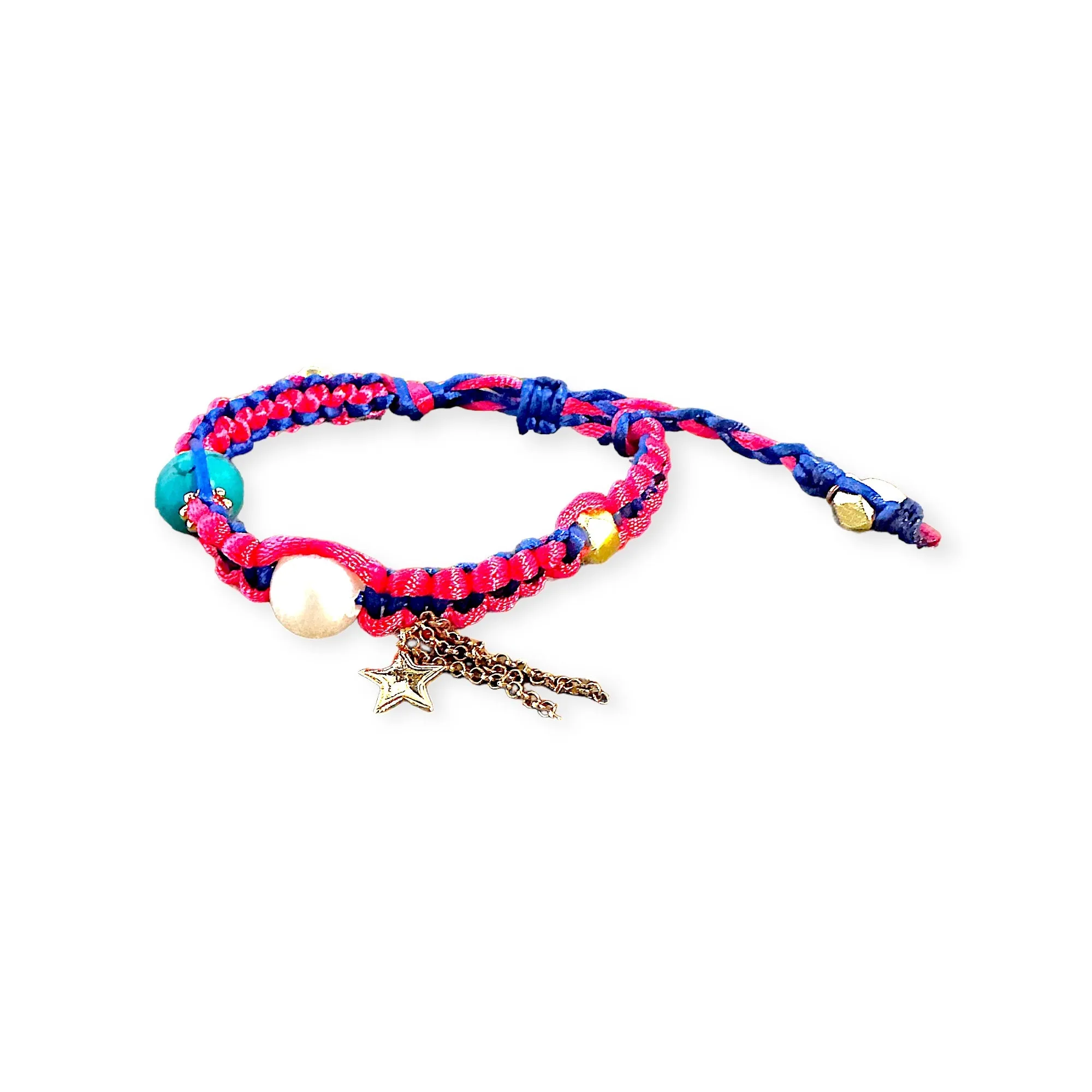 MEDITERRANEAN SUNRISE PEARL TURQUOISE GOLD STAR AND CHAIN SILK ROCKER BRACELET
