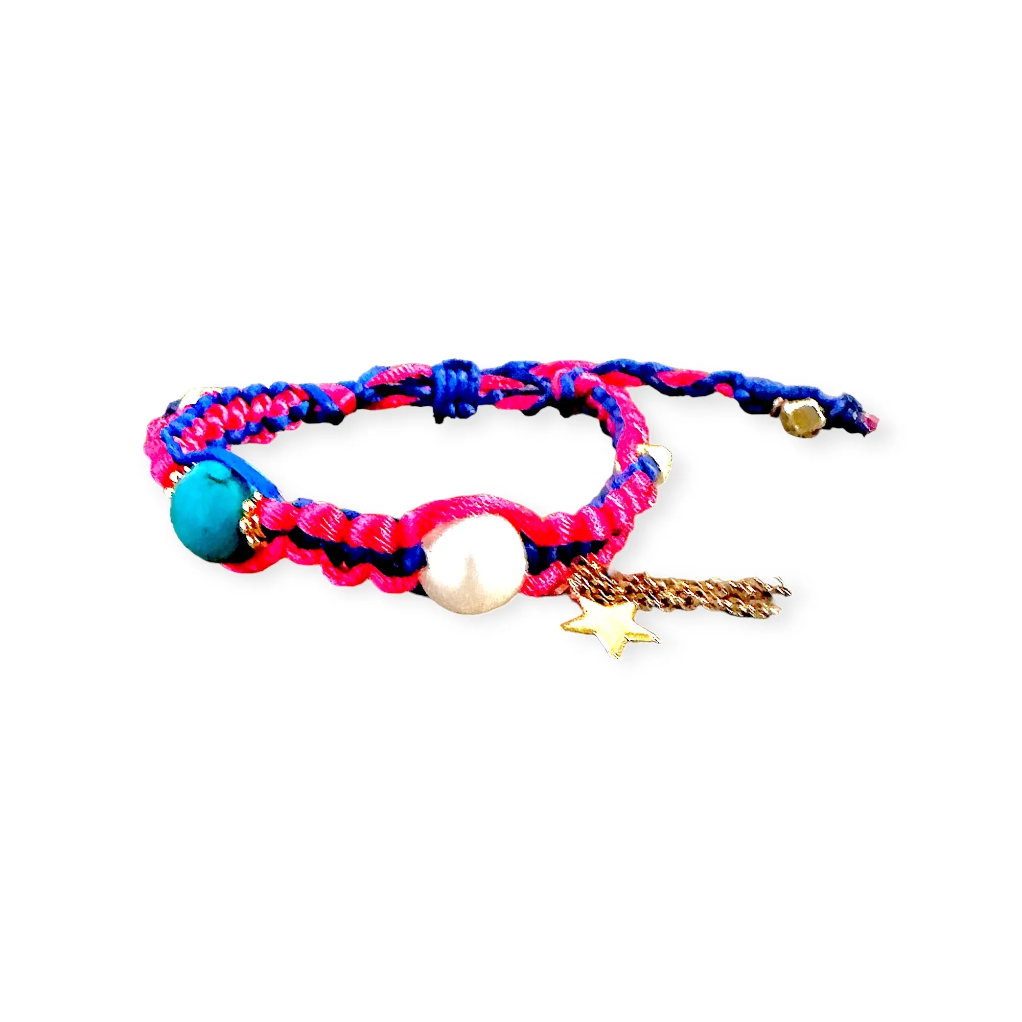 MEDITERRANEAN SUNRISE PEARL TURQUOISE GOLD STAR AND CHAIN SILK ROCKER BRACELET