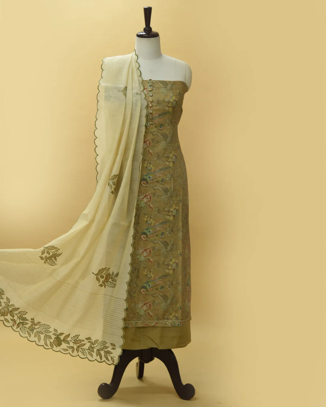 Mehandi Green Chanderi Silk Blend Printed With Embroidery Unstitched Suit Fabric Set With Chanderi Dupatta