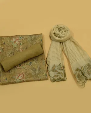 Mehandi Green Chanderi Silk Blend Printed With Embroidery Unstitched Suit Fabric Set With Chanderi Dupatta