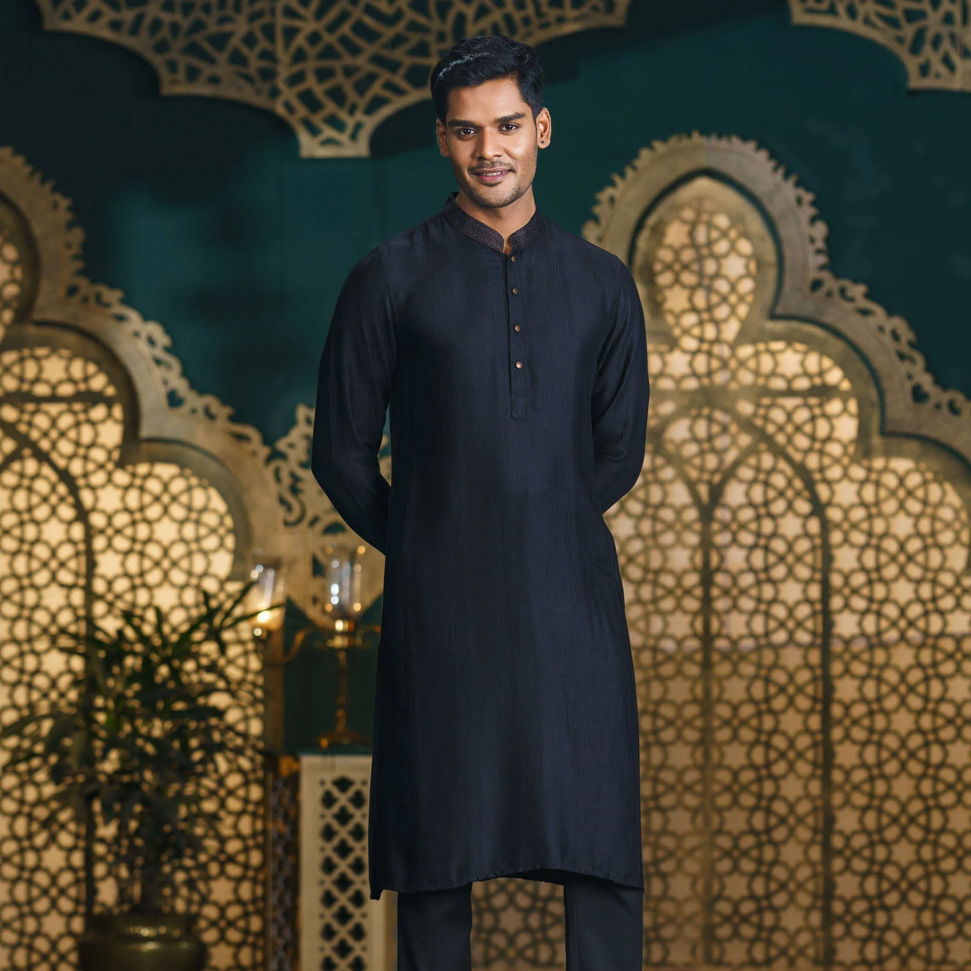Mens Black Cotton Silk Panjabi