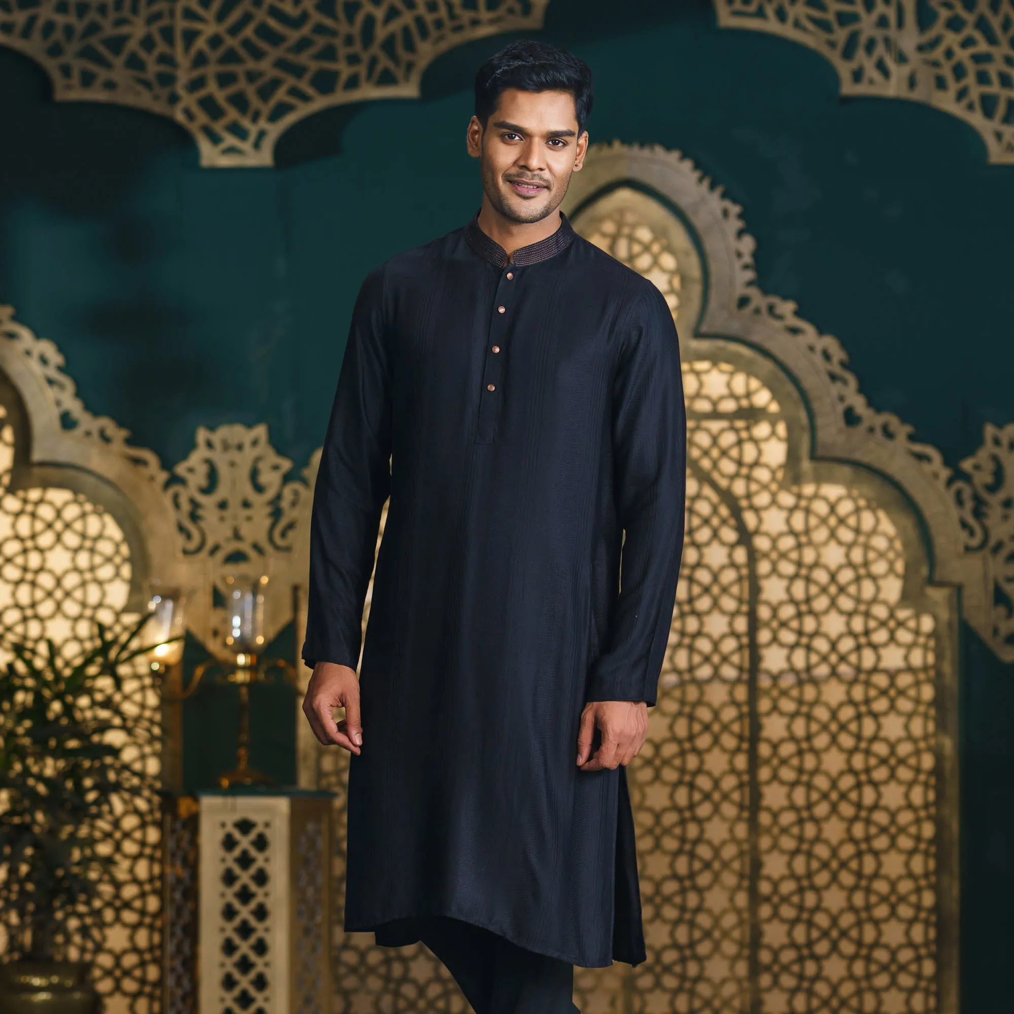 Mens Black Cotton Silk Panjabi
