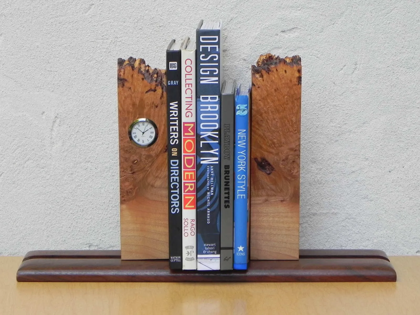 Michael Elkan Burled Maple Natural Edge Bookend Clock, Artisan Desktop Set