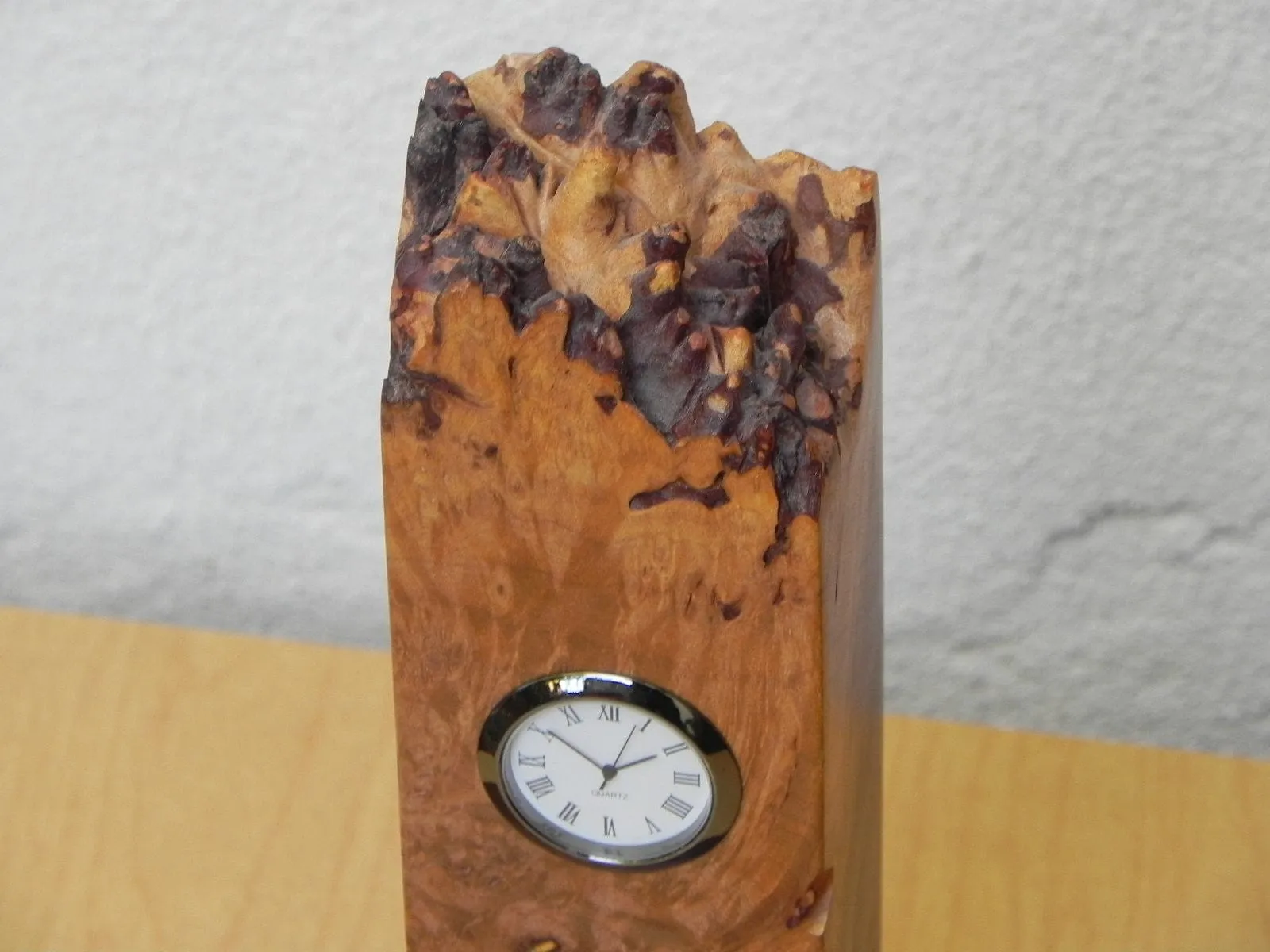 Michael Elkan Burled Maple Natural Edge Bookend Clock, Artisan Desktop Set