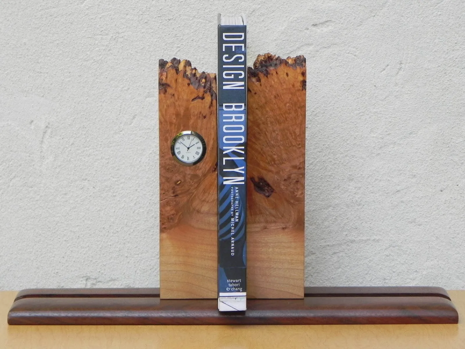 Michael Elkan Burled Maple Natural Edge Bookend Clock, Artisan Desktop Set