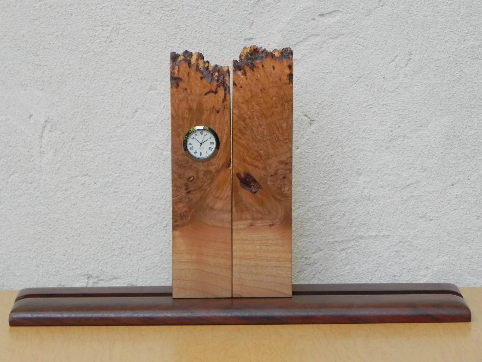 Michael Elkan Burled Maple Natural Edge Bookend Clock, Artisan Desktop Set