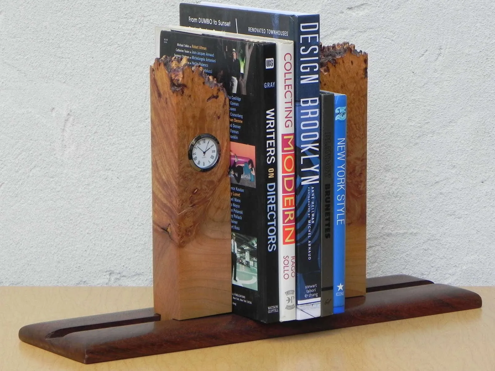 Michael Elkan Burled Maple Natural Edge Bookend Clock, Artisan Desktop Set