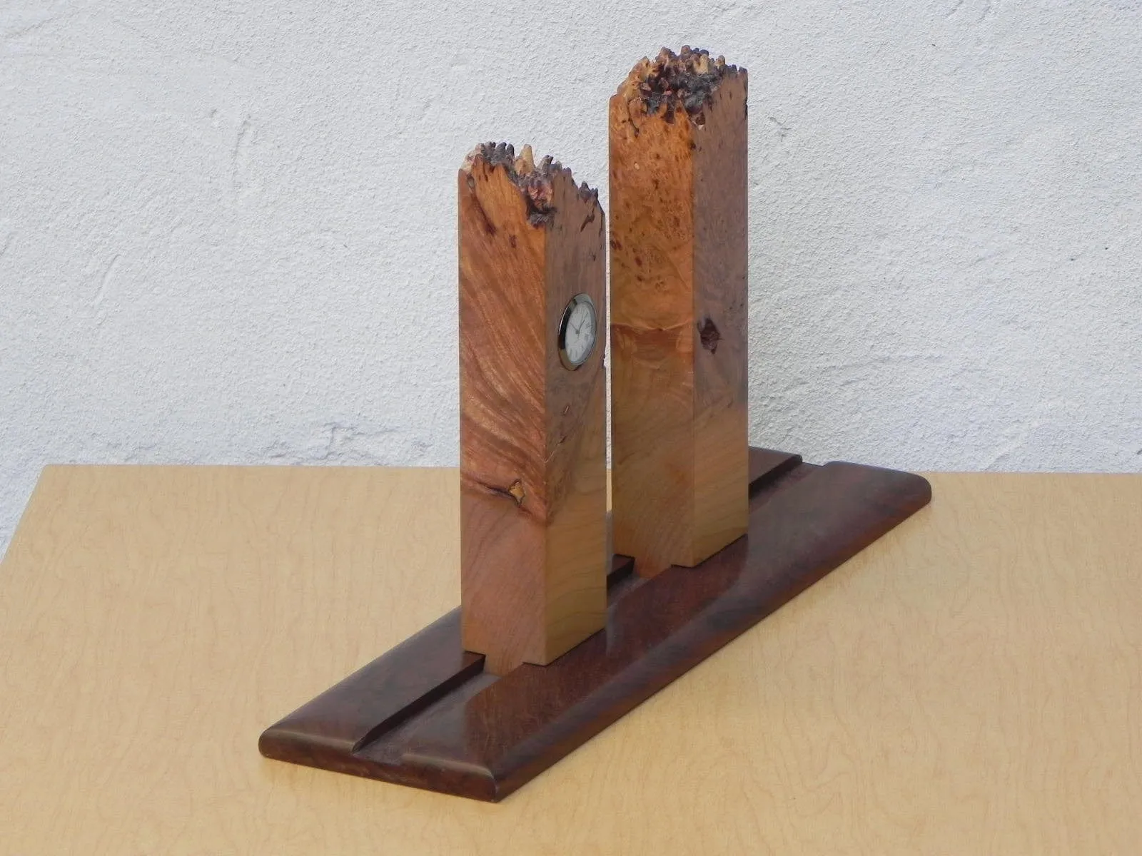 Michael Elkan Burled Maple Natural Edge Bookend Clock, Artisan Desktop Set